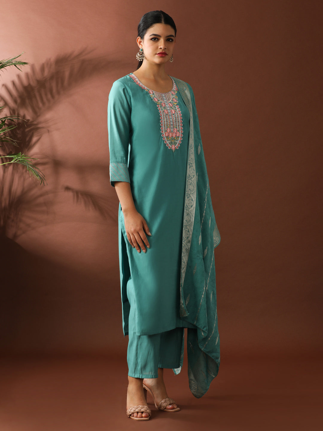 Floral Embroidered Straight Chanderi Cotton Kurta & Trousers Sets