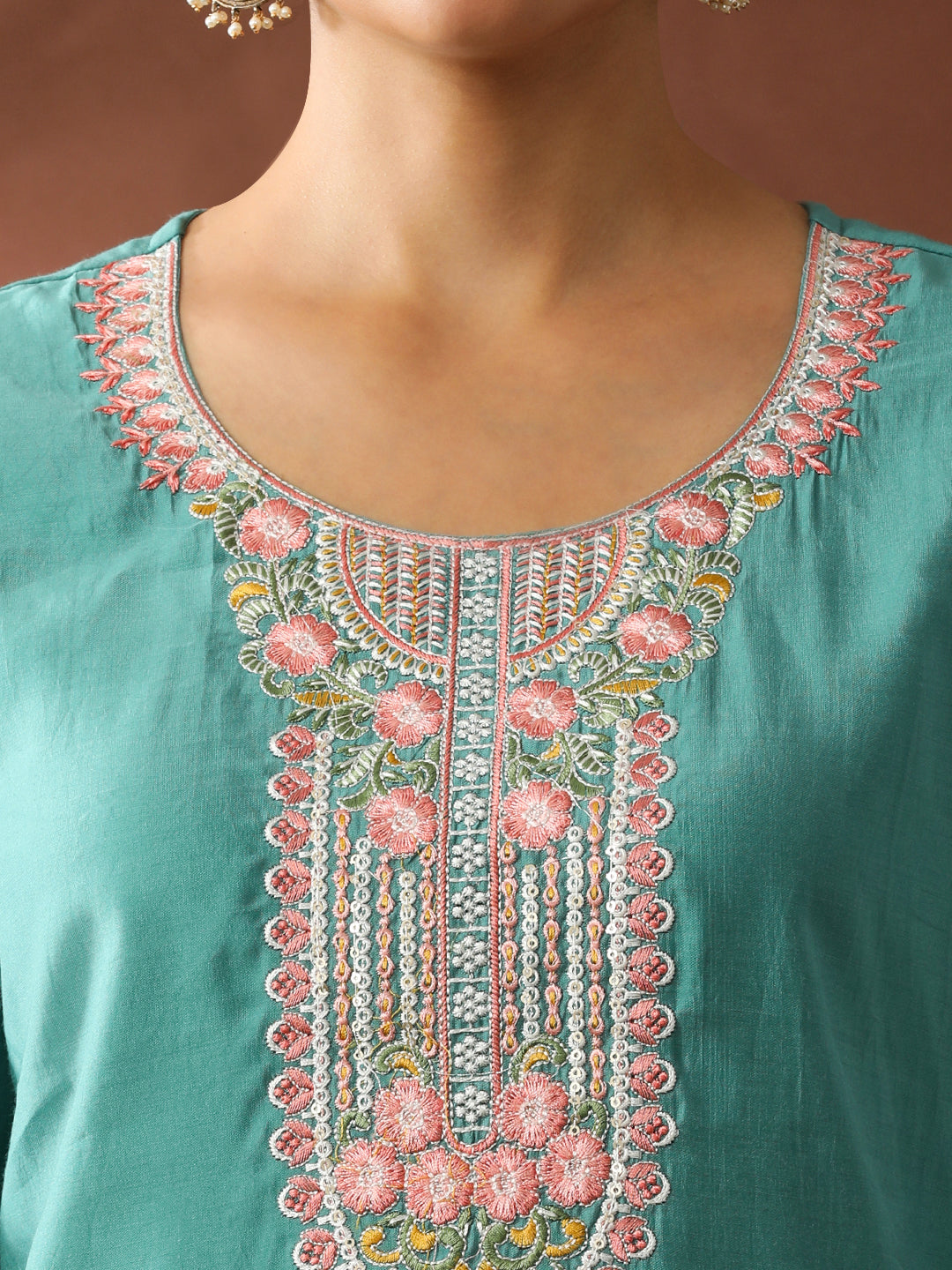 Floral Embroidered Straight Chanderi Cotton Kurta & Trousers Sets