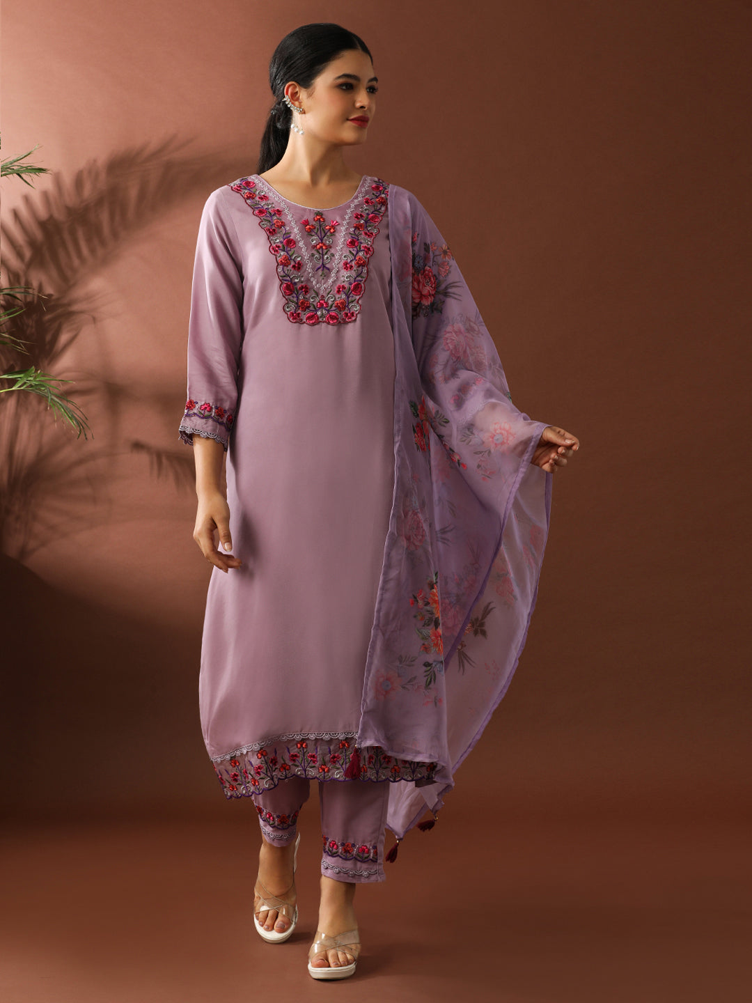 Floral Embroidered Straight Kurta & Trousers Sets