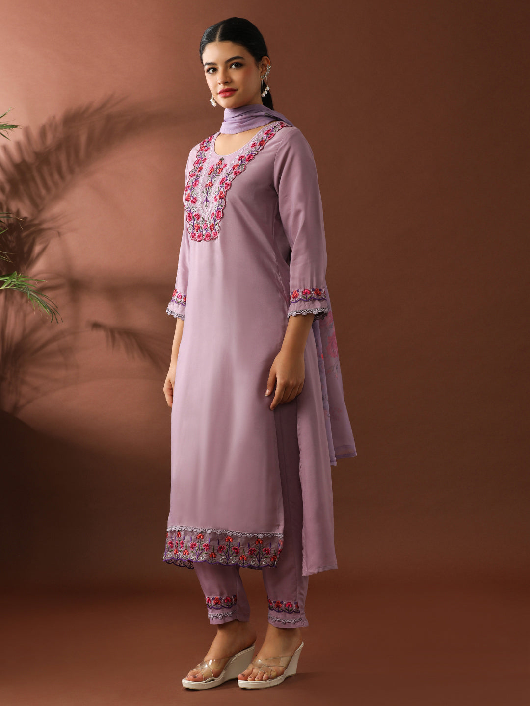 Floral Embroidered Straight Kurta & Trousers Sets