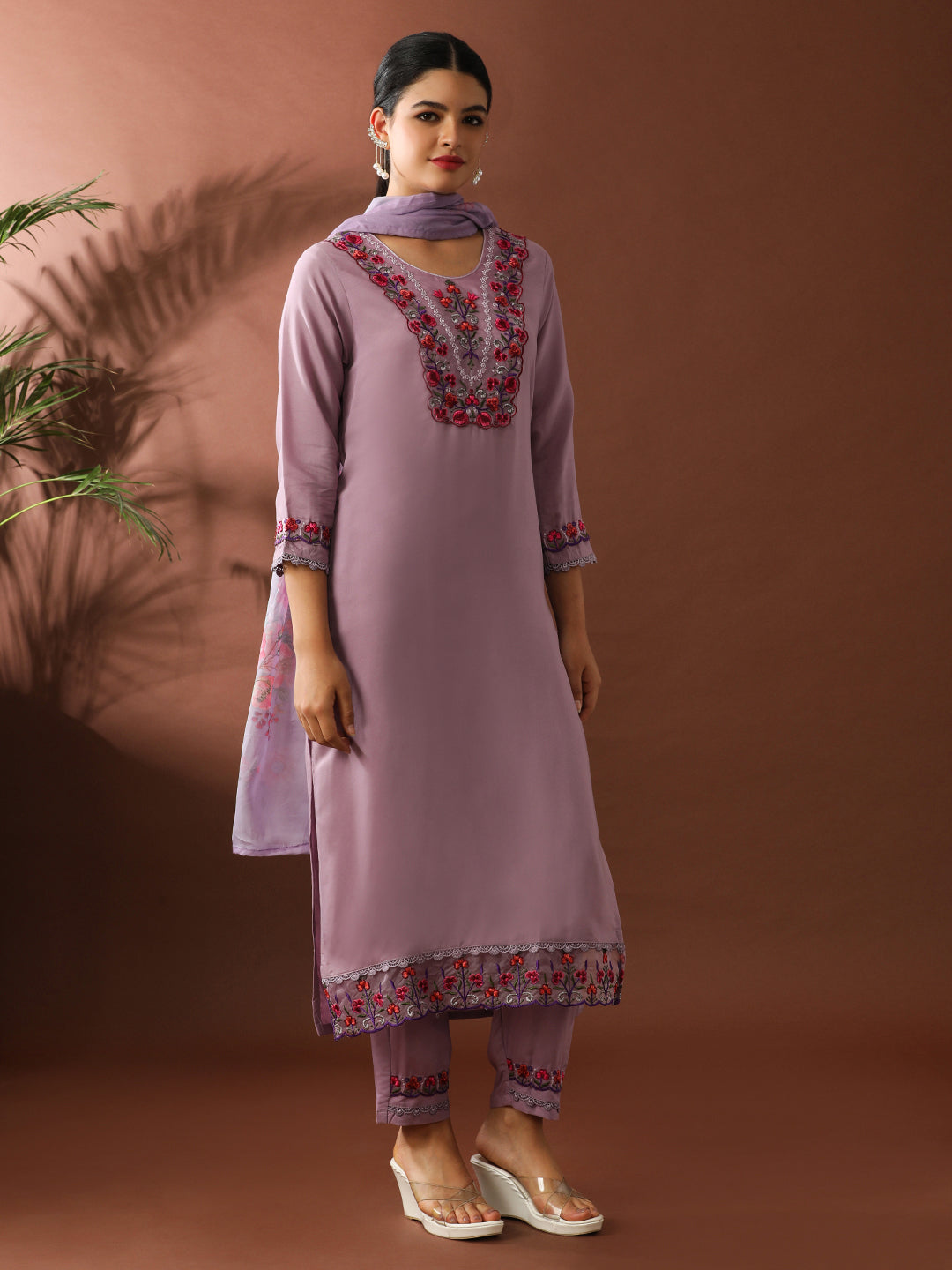Floral Embroidered Straight Kurta & Trousers Sets