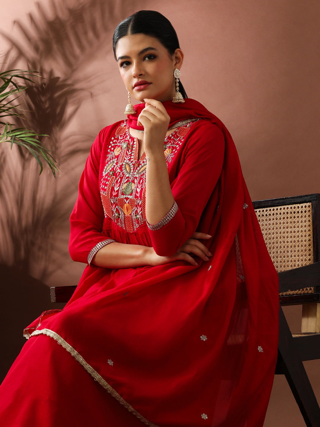 Floral Embroidered A-Line Silk Blend Kurta & Trousers Sets