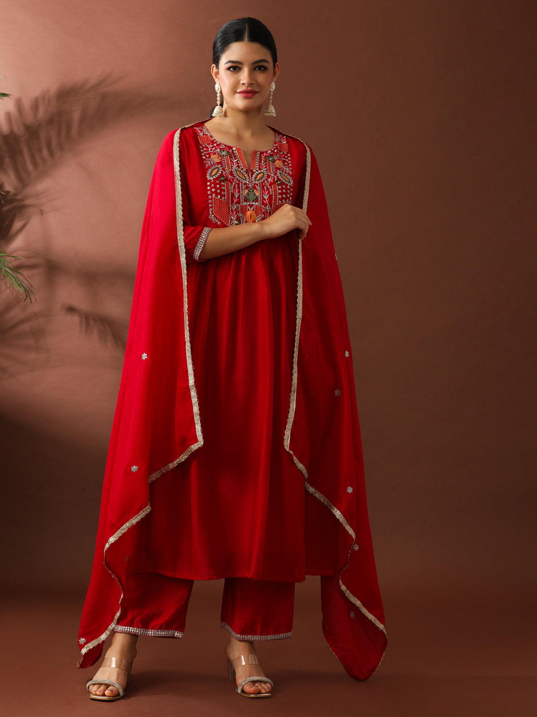 Floral Embroidered A-Line Silk Blend Kurta & Trousers Sets