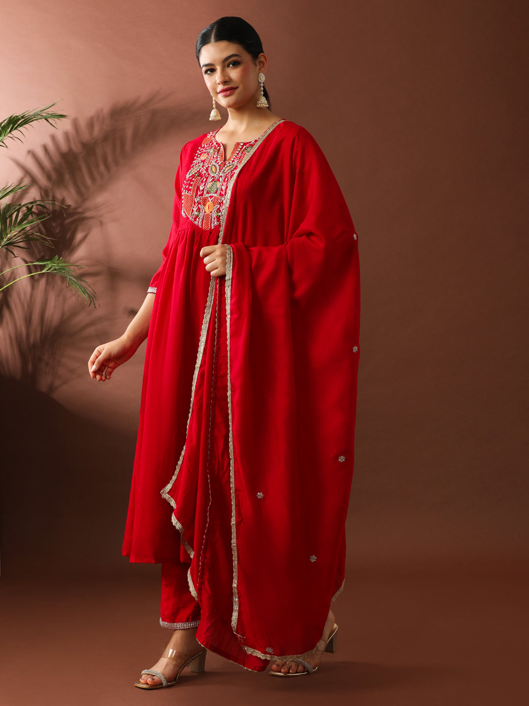 Floral Embroidered A-Line Silk Blend Kurta & Trousers Sets