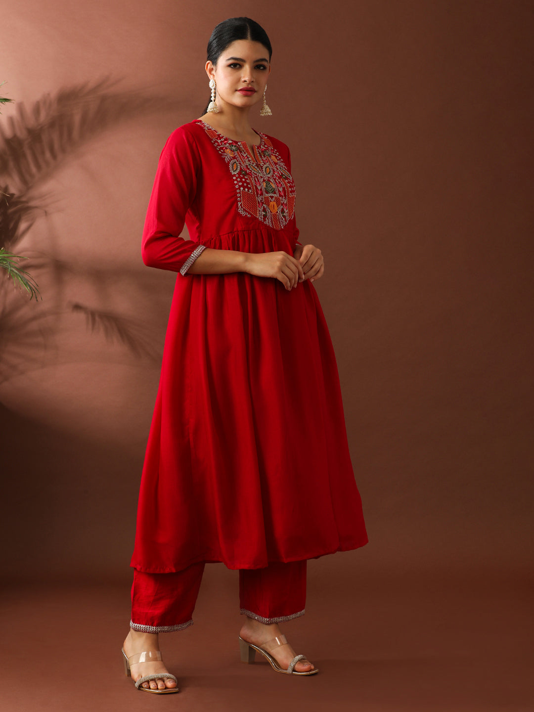 Floral Embroidered A-Line Silk Blend Kurta & Trousers Sets