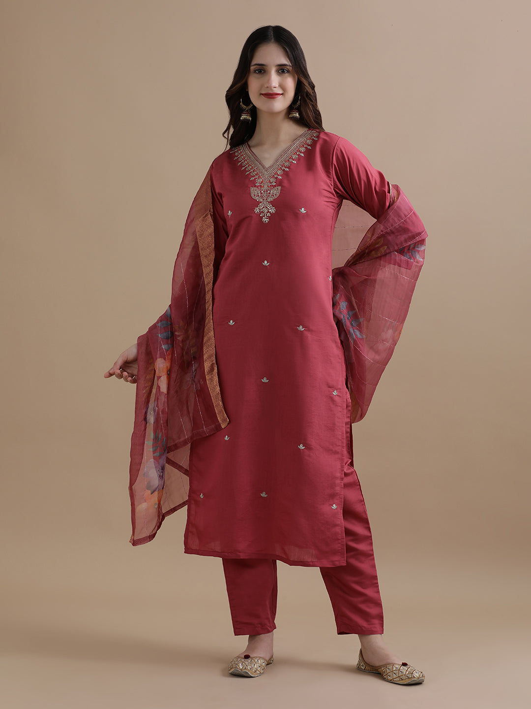 Embroidered Chanderi Cotton Ethnic Motifs Kurta Sets With Dupatta