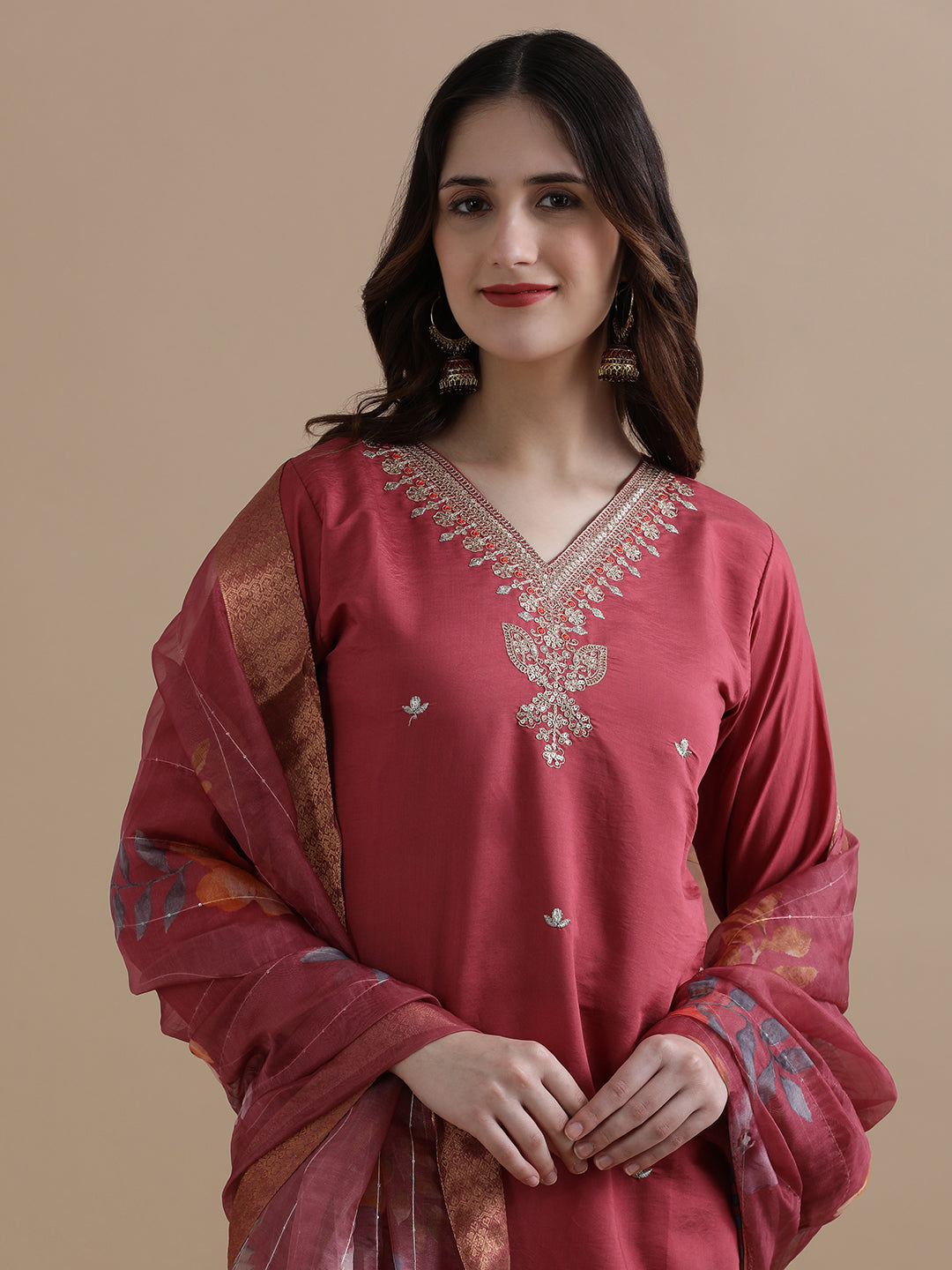 Embroidered Chanderi Cotton Ethnic Motifs Kurta Sets With Dupatta