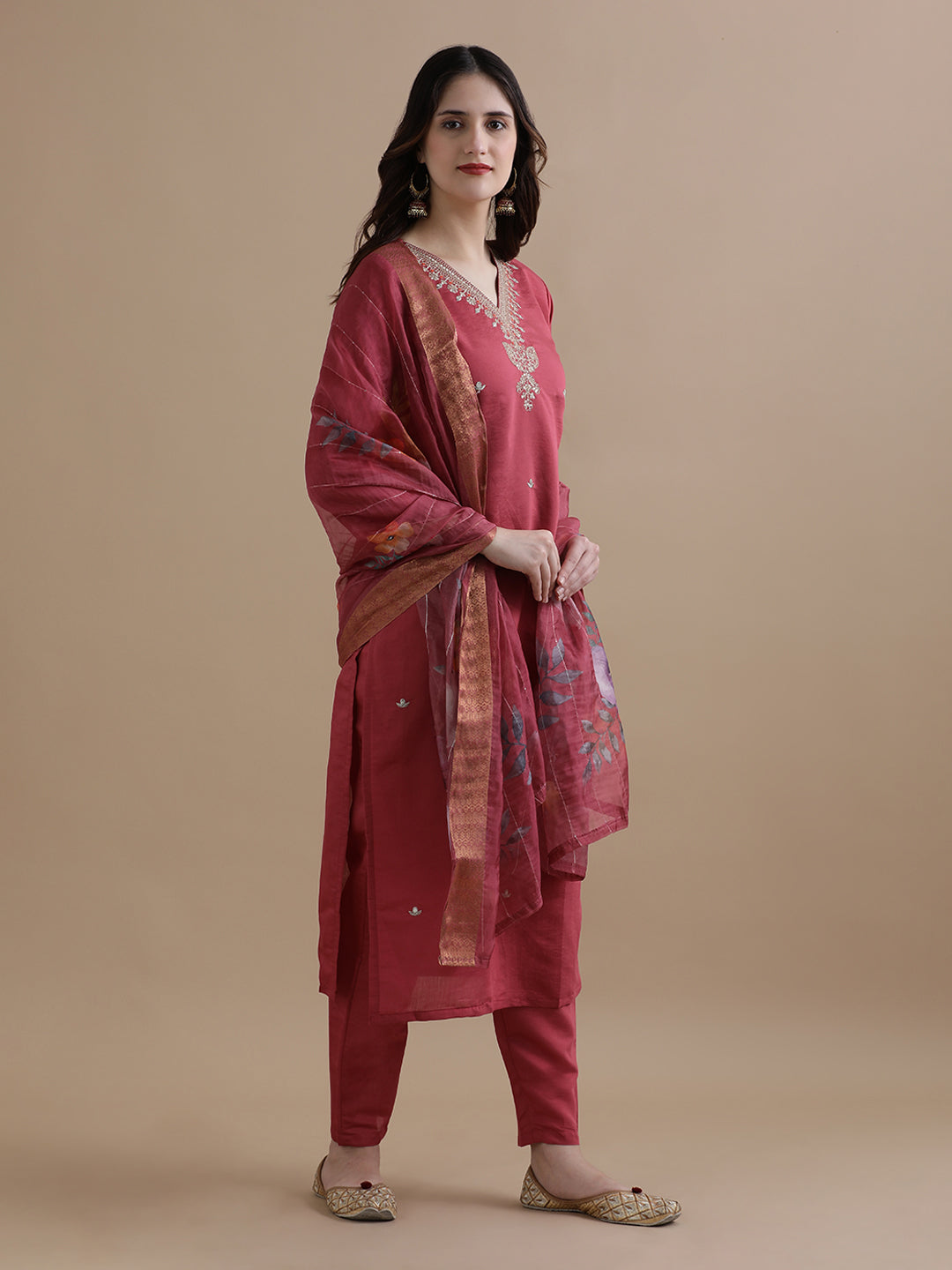 Embroidered Chanderi Cotton Ethnic Motifs Kurta Sets With Dupatta
