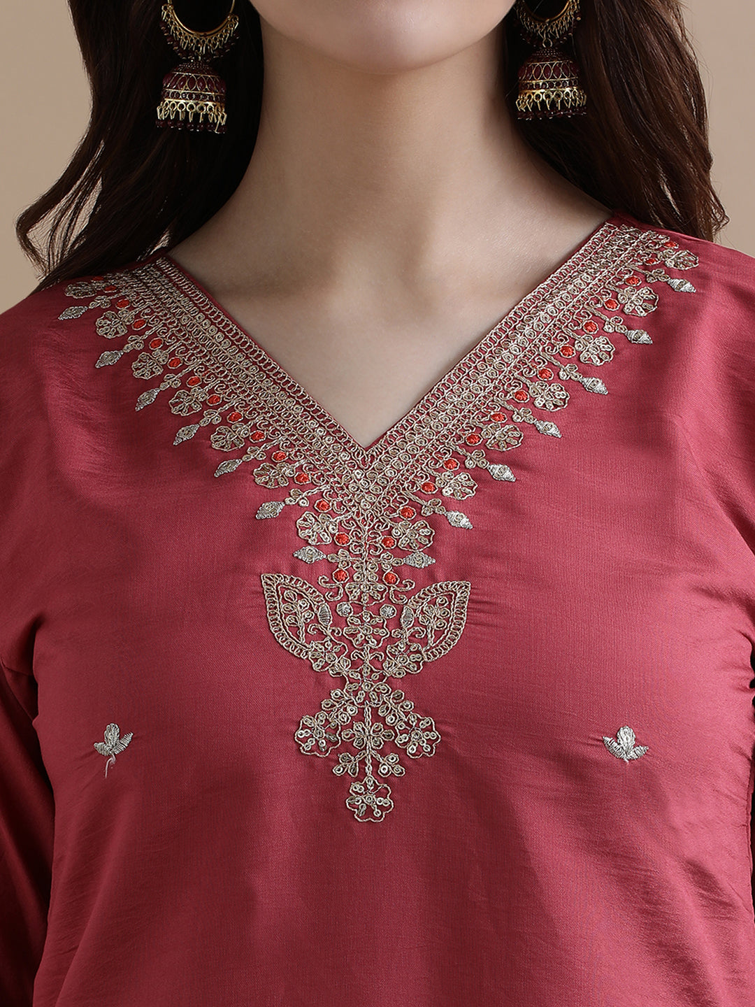 Embroidered Chanderi Cotton Ethnic Motifs Kurta Sets With Dupatta