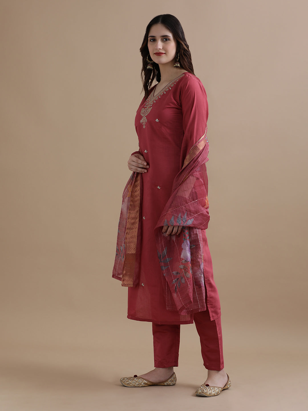 Embroidered Chanderi Cotton Ethnic Motifs Kurta Sets With Dupatta