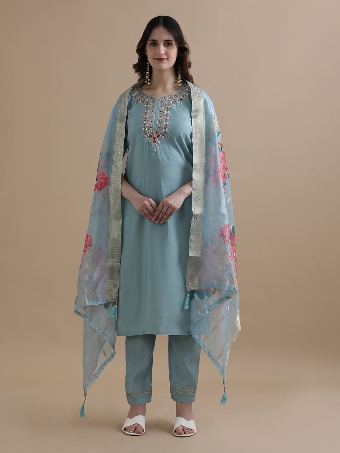 Embroidered Chanderi Cotton Ethnic Motifs Kurta Sets With Dupatta