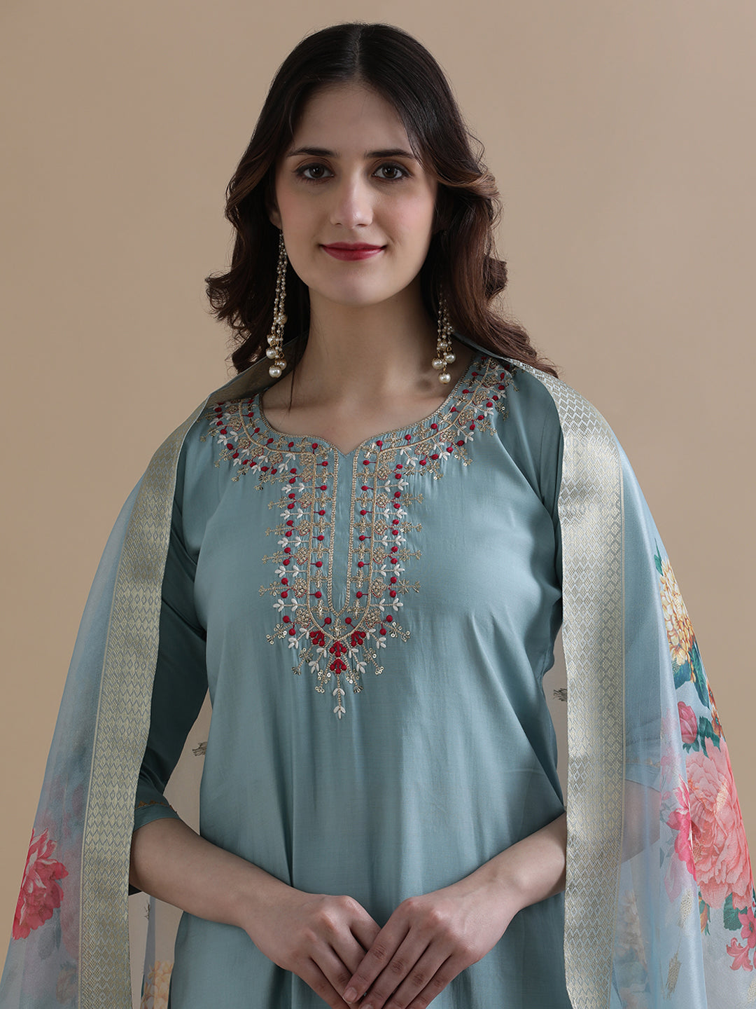 Embroidered Chanderi Cotton Ethnic Motifs Kurta Sets With Dupatta