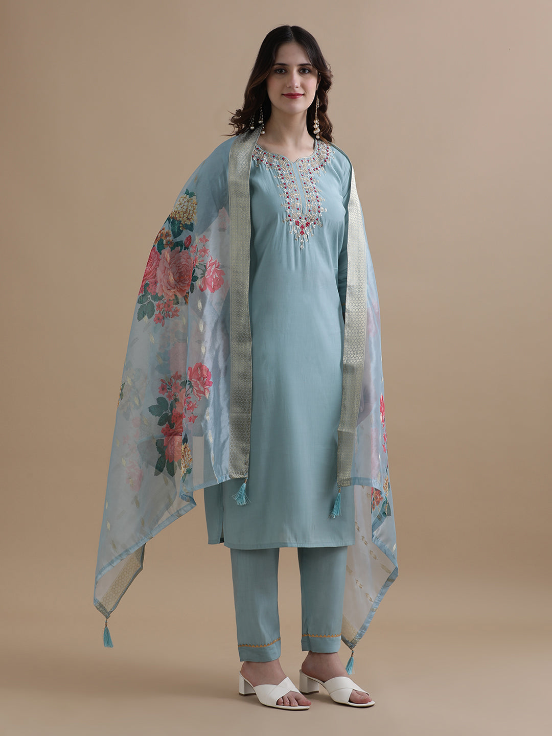 Embroidered Chanderi Cotton Ethnic Motifs Kurta Sets With Dupatta
