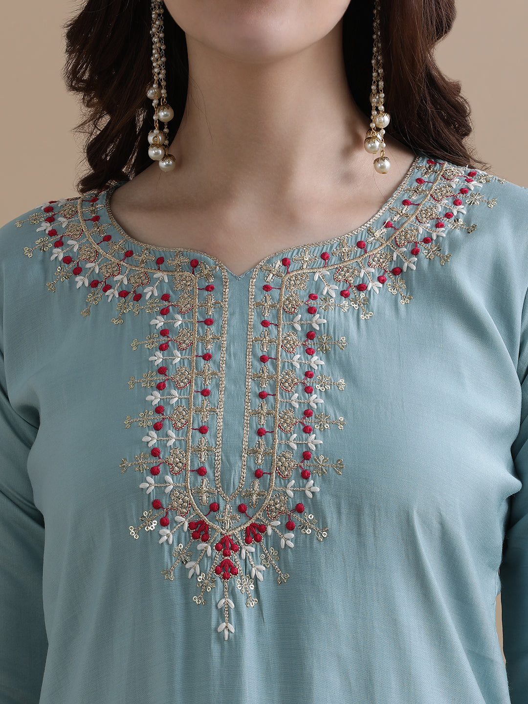 Embroidered Chanderi Cotton Ethnic Motifs Kurta Sets With Dupatta