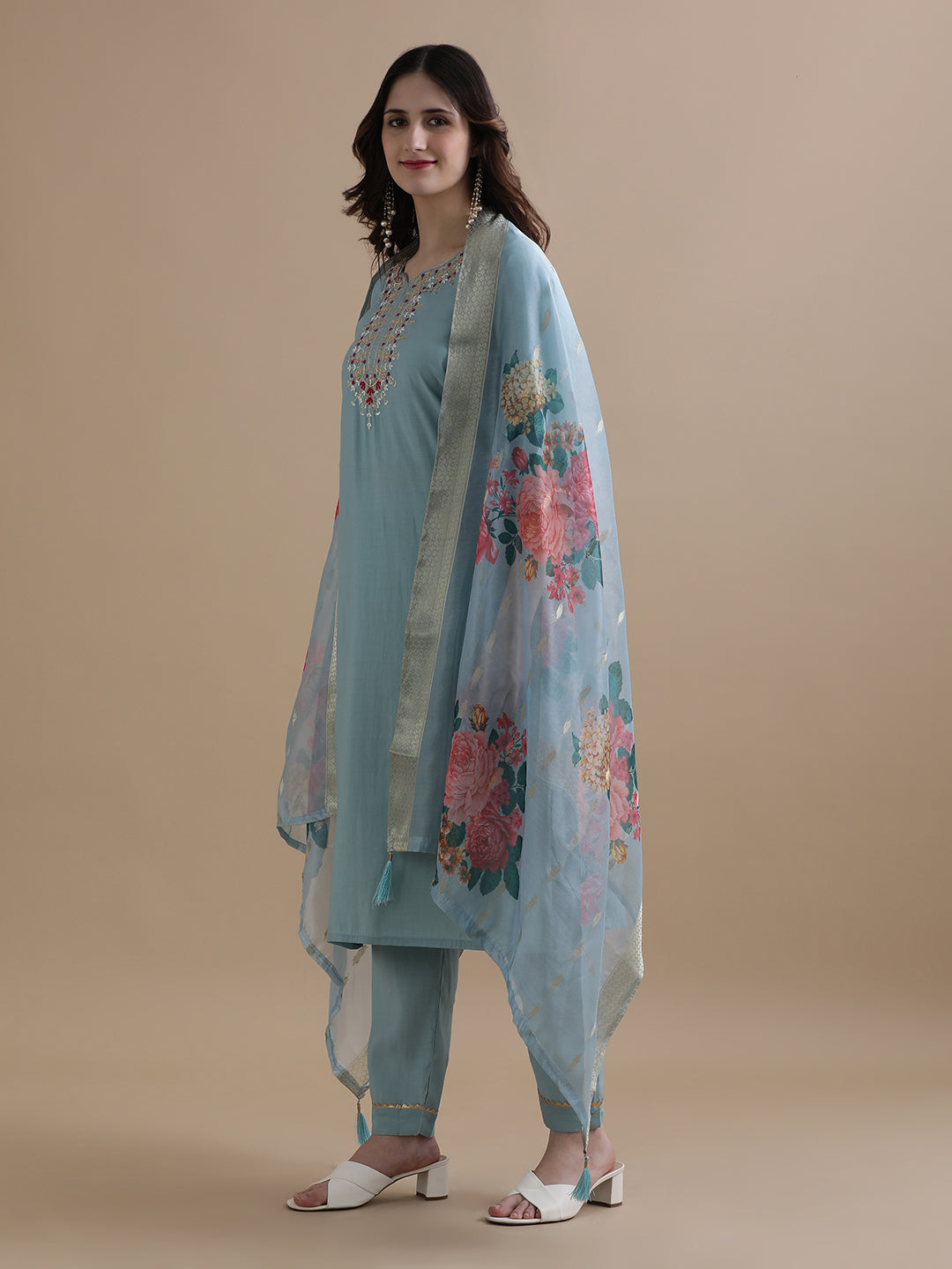 Embroidered Chanderi Cotton Ethnic Motifs Kurta Sets With Dupatta
