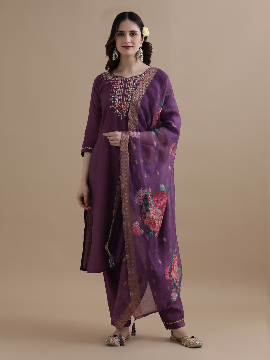 Embroidered Chanderi Cotton Ethnic Motifs Kurta Sets With Dupatta