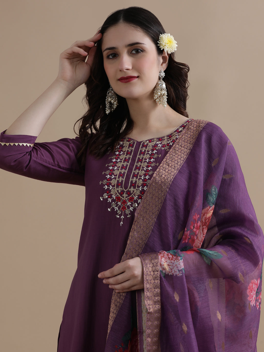 Embroidered Chanderi Cotton Ethnic Motifs Kurta Sets With Dupatta