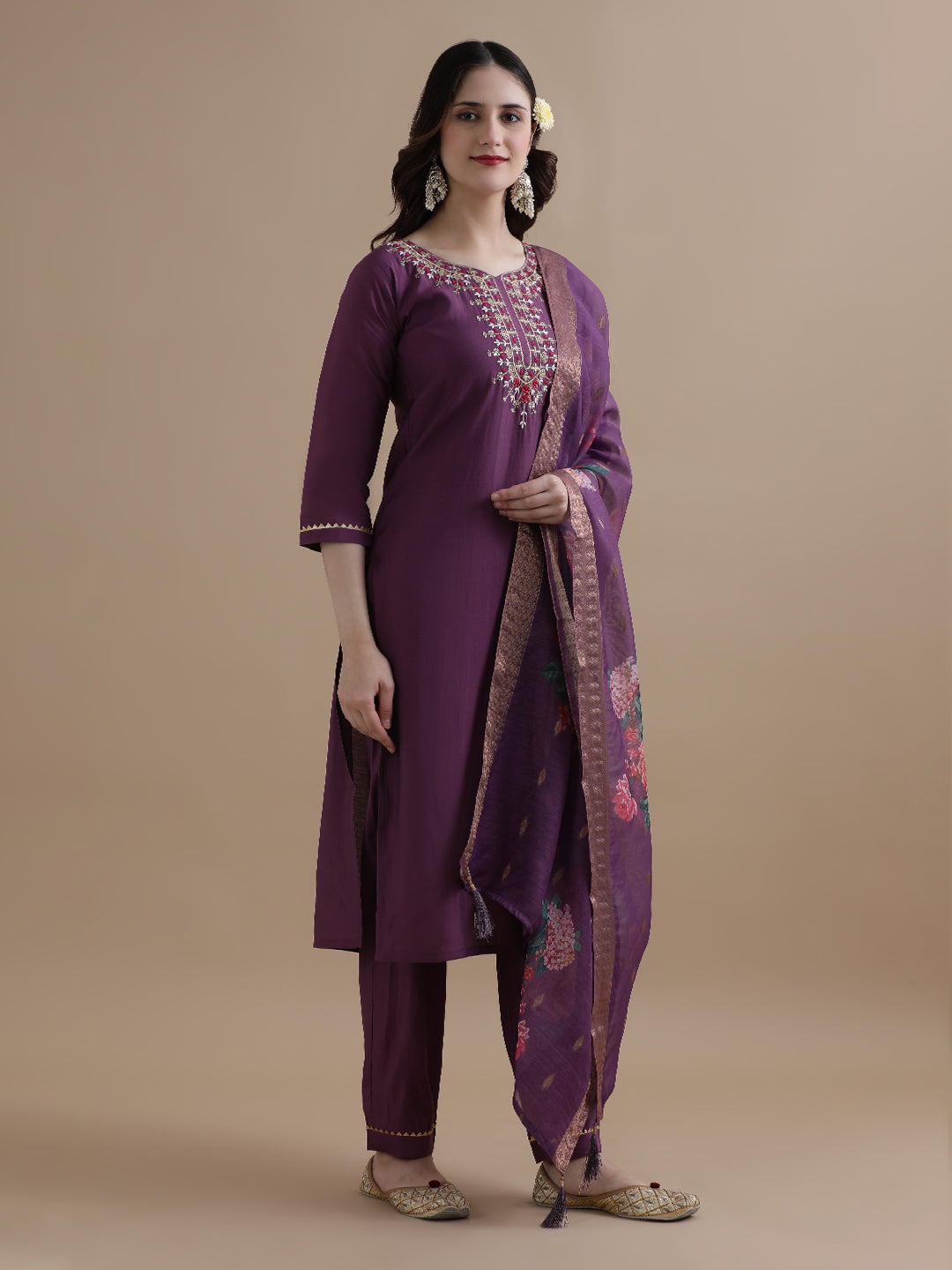 Embroidered Chanderi Cotton Ethnic Motifs Kurta Sets With Dupatta