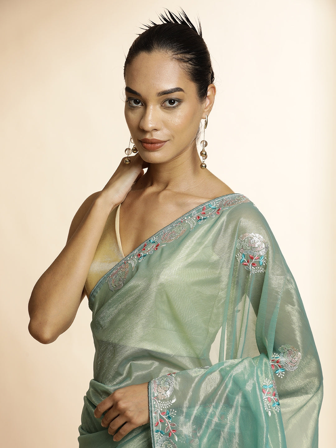 Golden Net Party Wear Sequin Work Green Saree