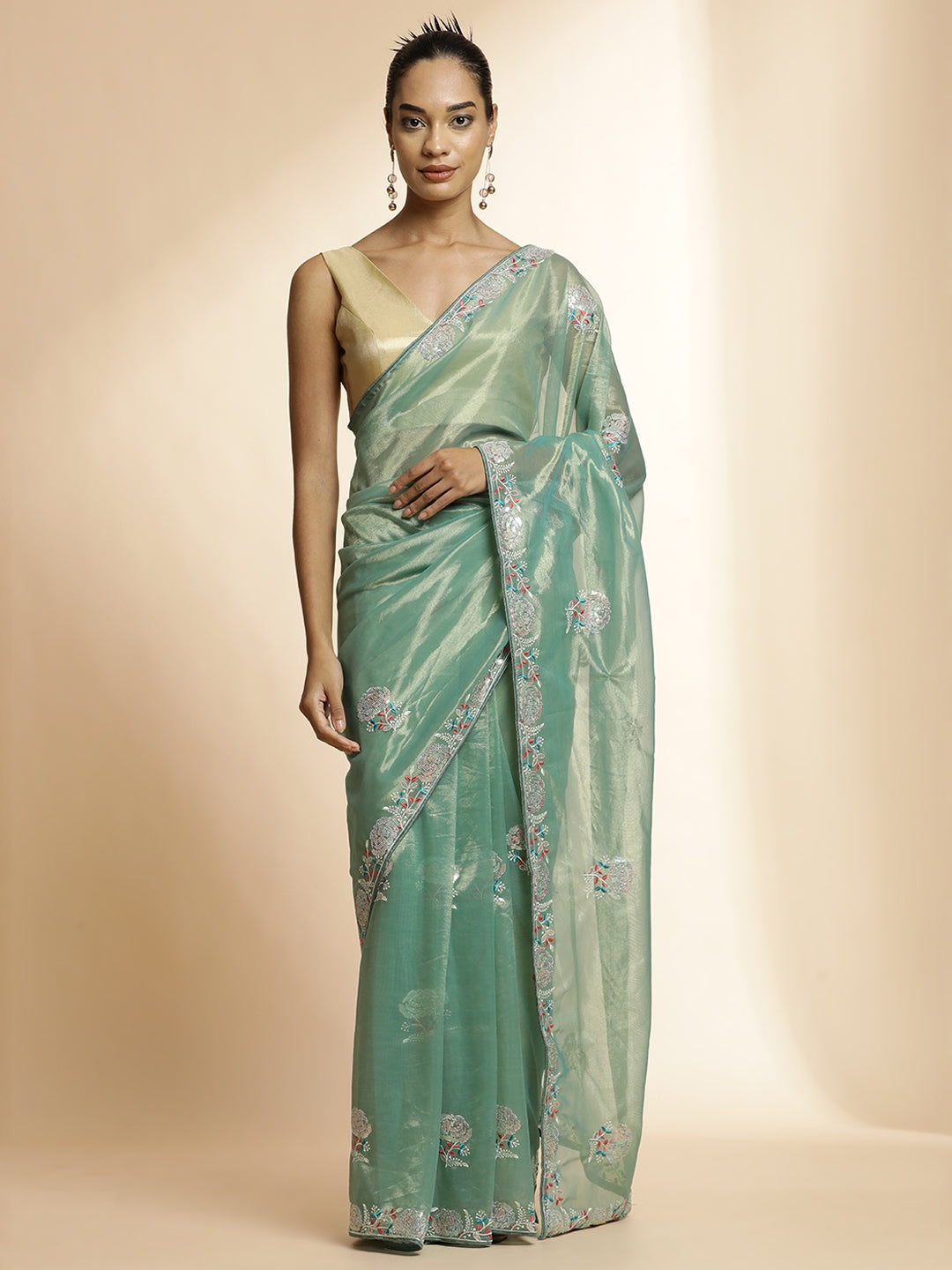 Golden Net Party Wear Sequin Work Green Saree