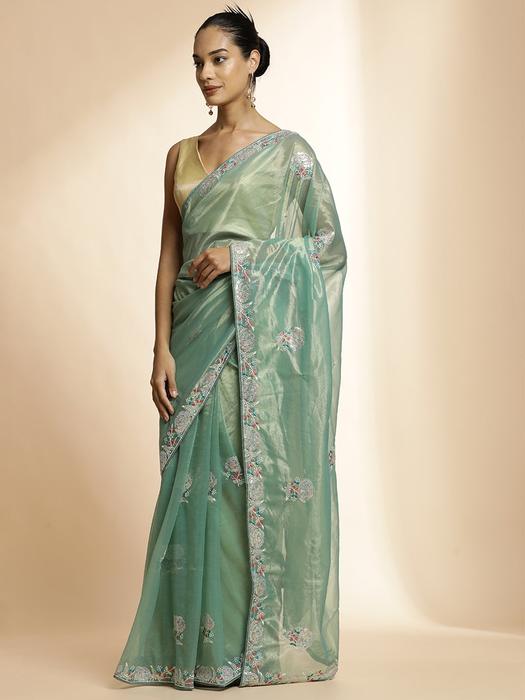 Golden Net Party Wear Sequin Work Green Saree