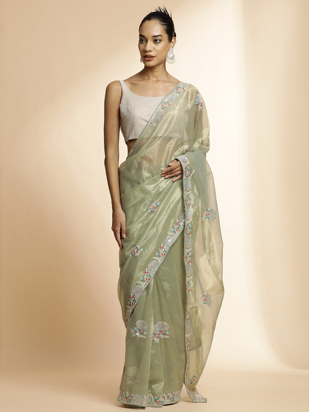 Green Net Party Wear Sequin Work Saree