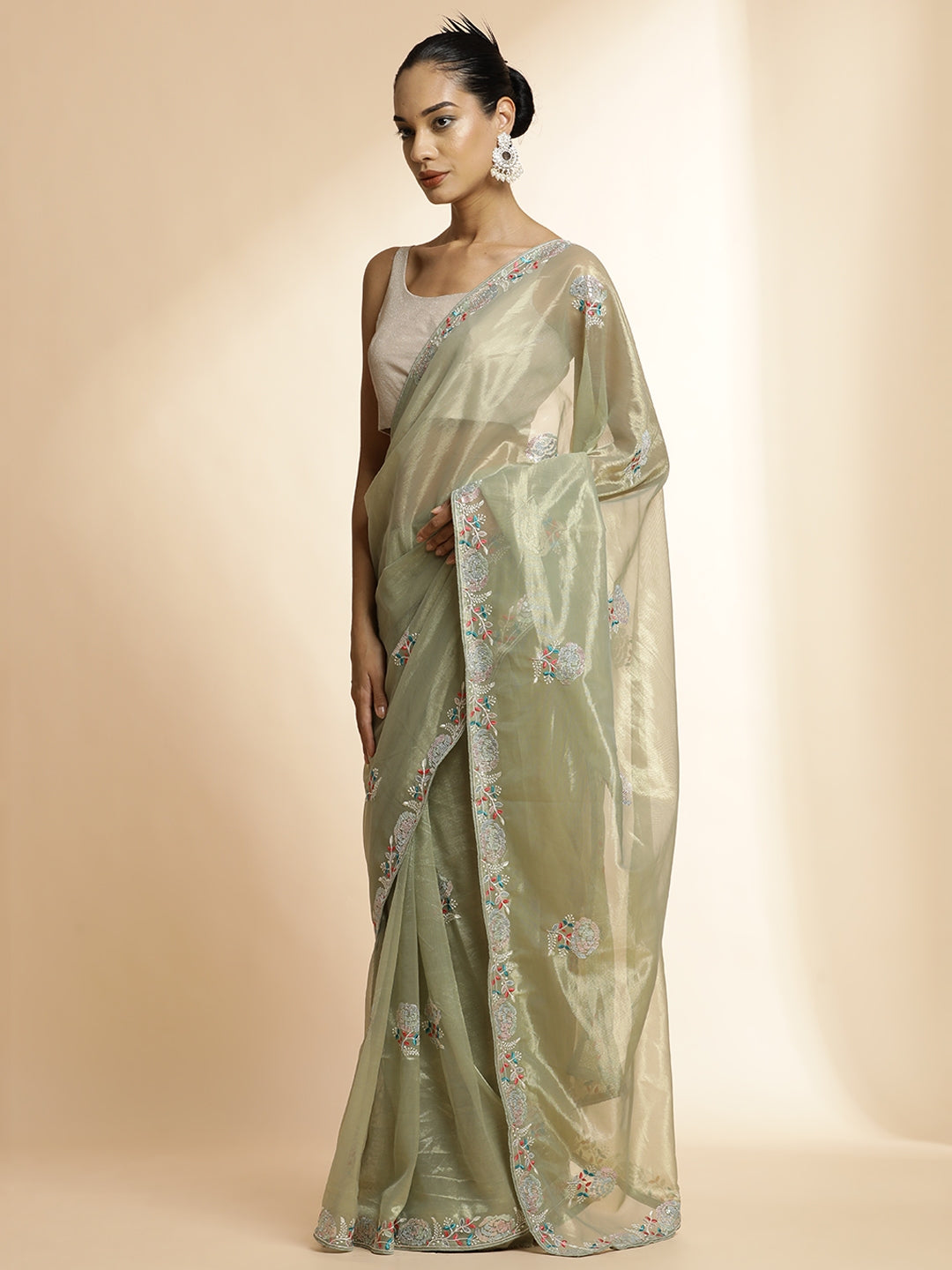 Green Net Party Wear Sequin Work Saree