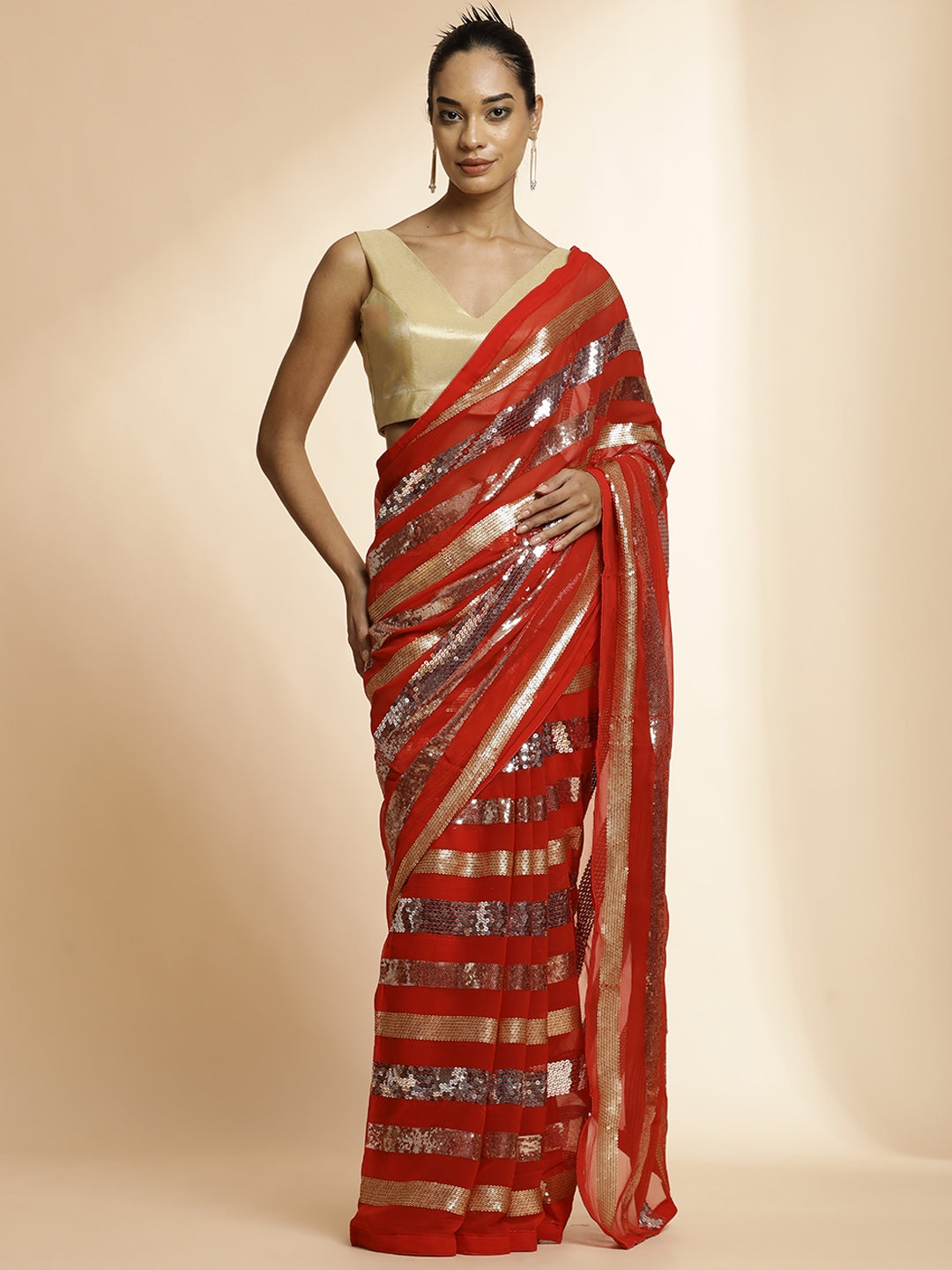 Red Pure Georgette Sequin Work Heavy Saree