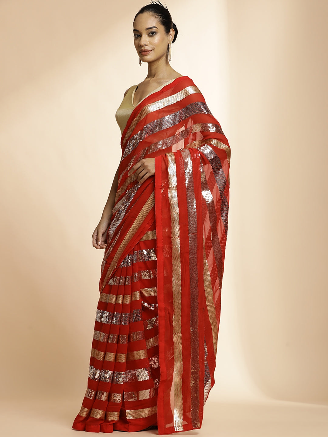 Red Pure Georgette Sequin Work Heavy Saree