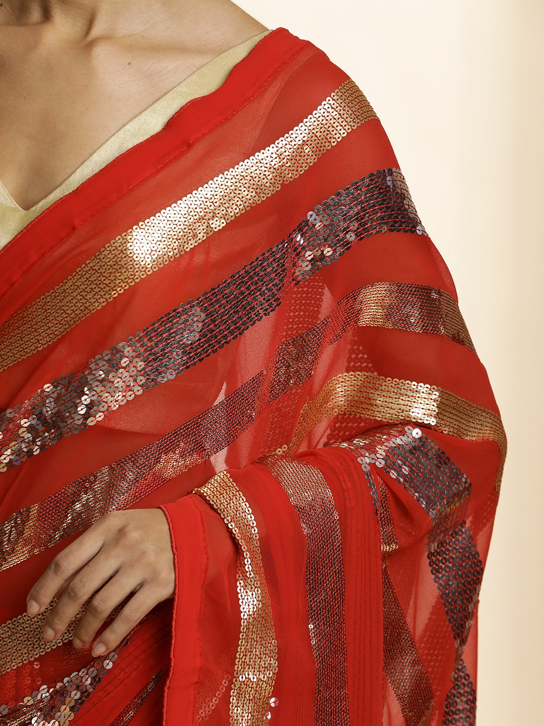 Red Pure Georgette Sequin Work Heavy Saree