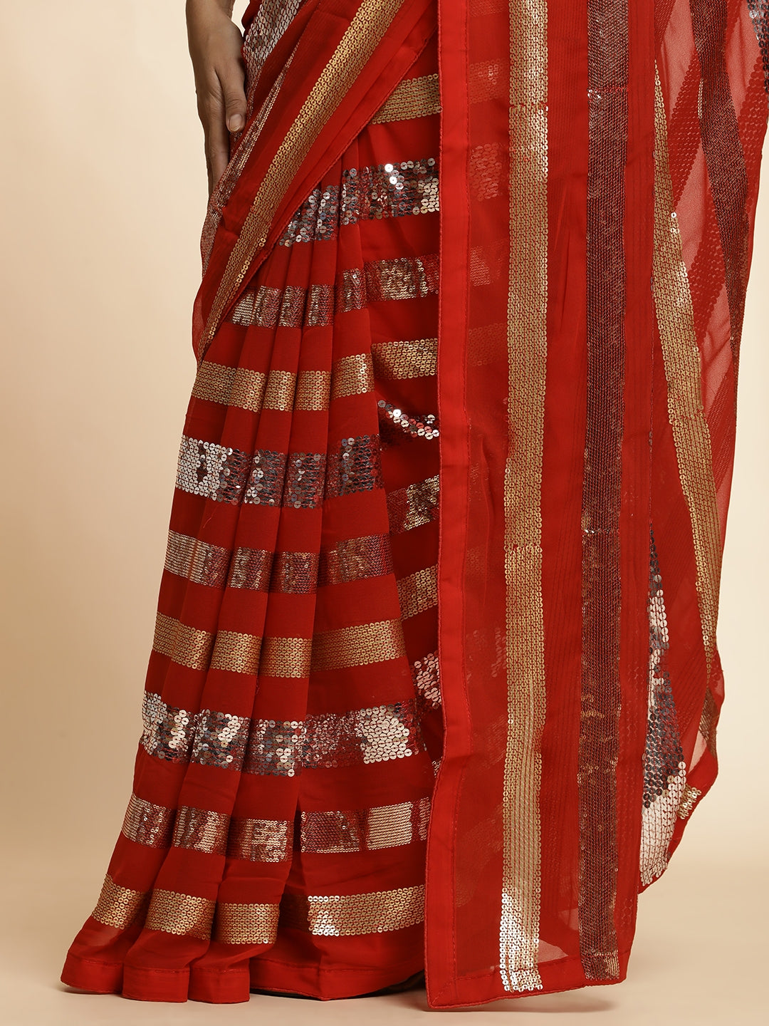 Red Pure Georgette Sequin Work Heavy Saree