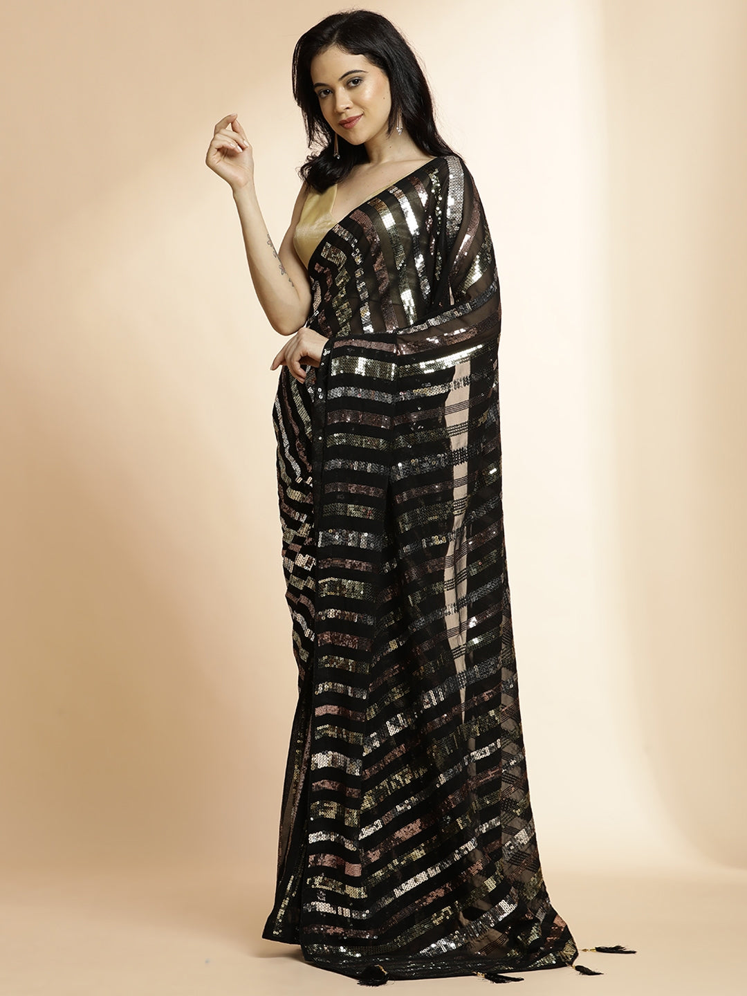 Georgette Sequin Embroidered Black Saree