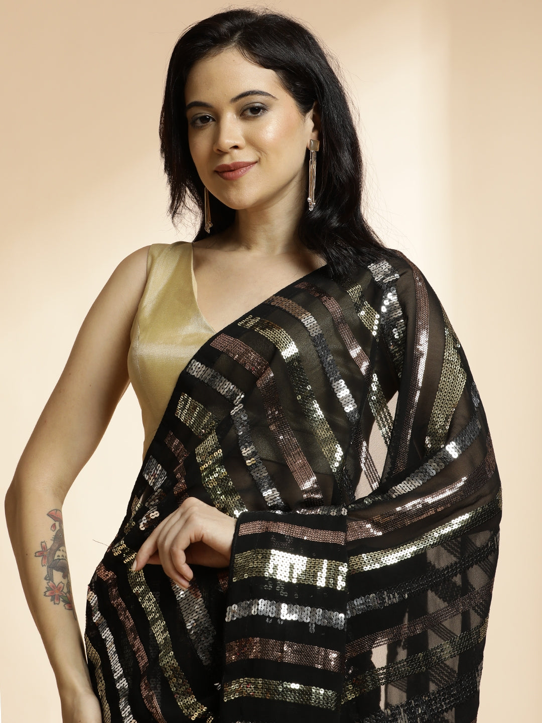 Georgette Sequin Embroidered Black Saree