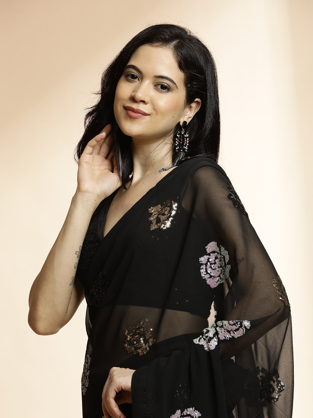 Black Pure Georgette Sequin Embroidered Work Heavy Saree