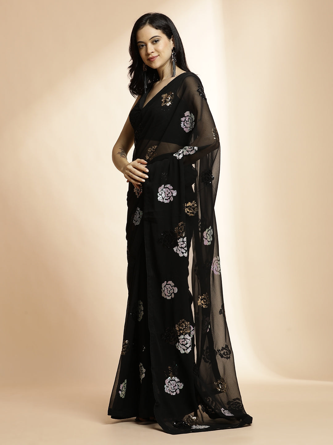 Black Pure Georgette Sequin Embroidered Work Heavy Saree