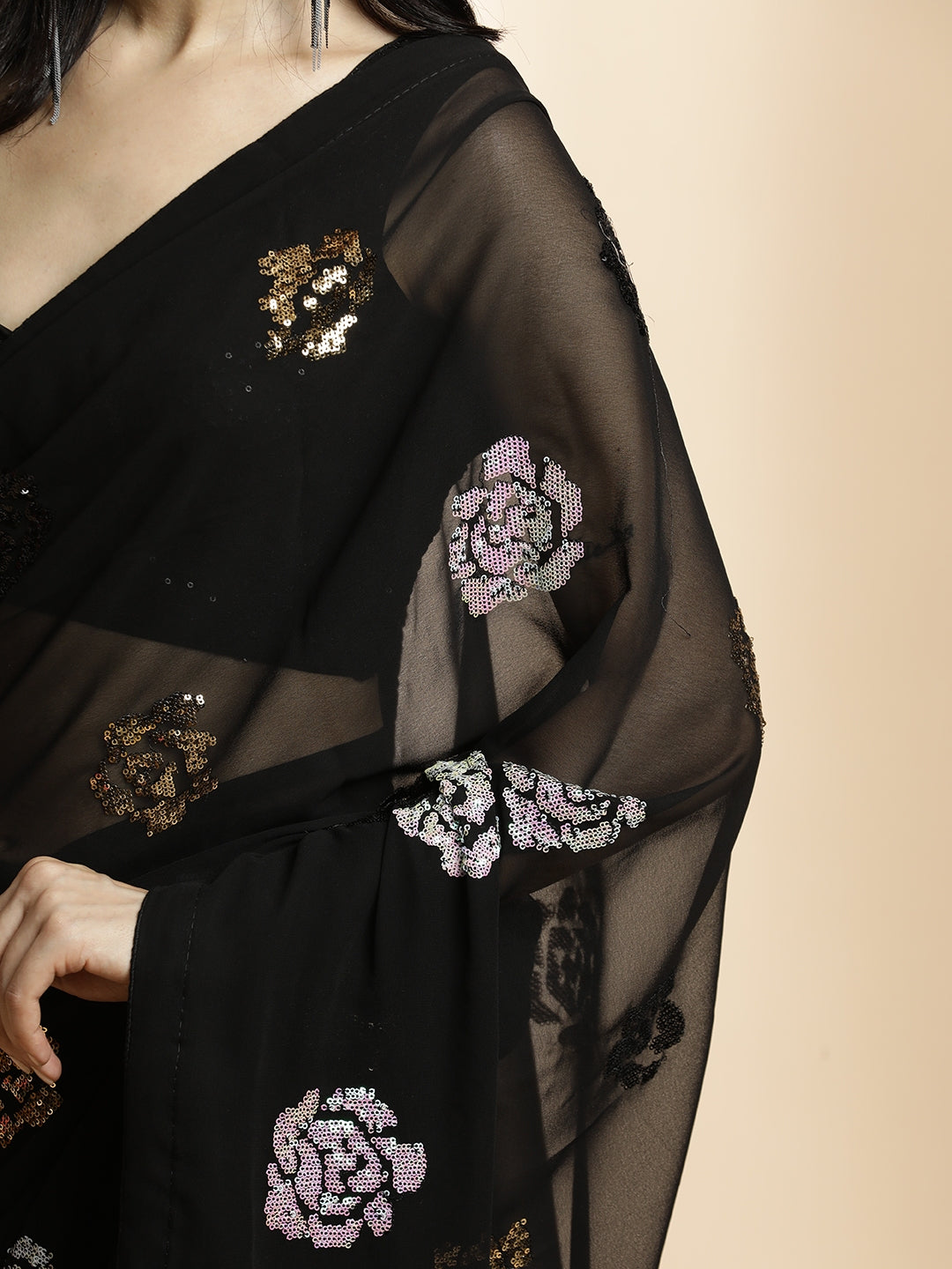 Black Pure Georgette Sequin Embroidered Work Heavy Saree