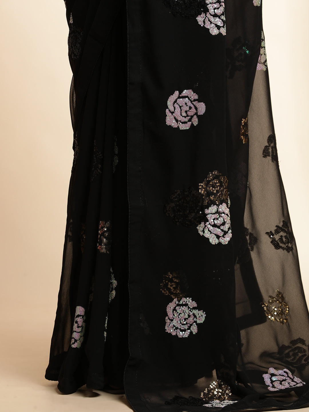 Black Pure Georgette Sequin Embroidered Work Heavy Saree