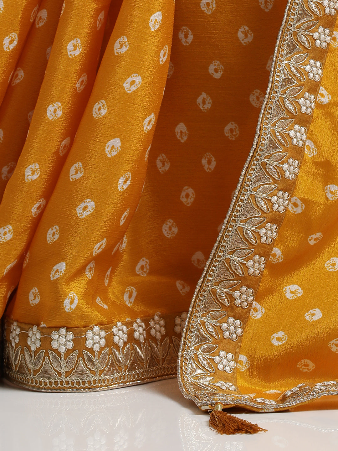 Mustard Fancy Chinon Printed With Embroidered Lace Saree