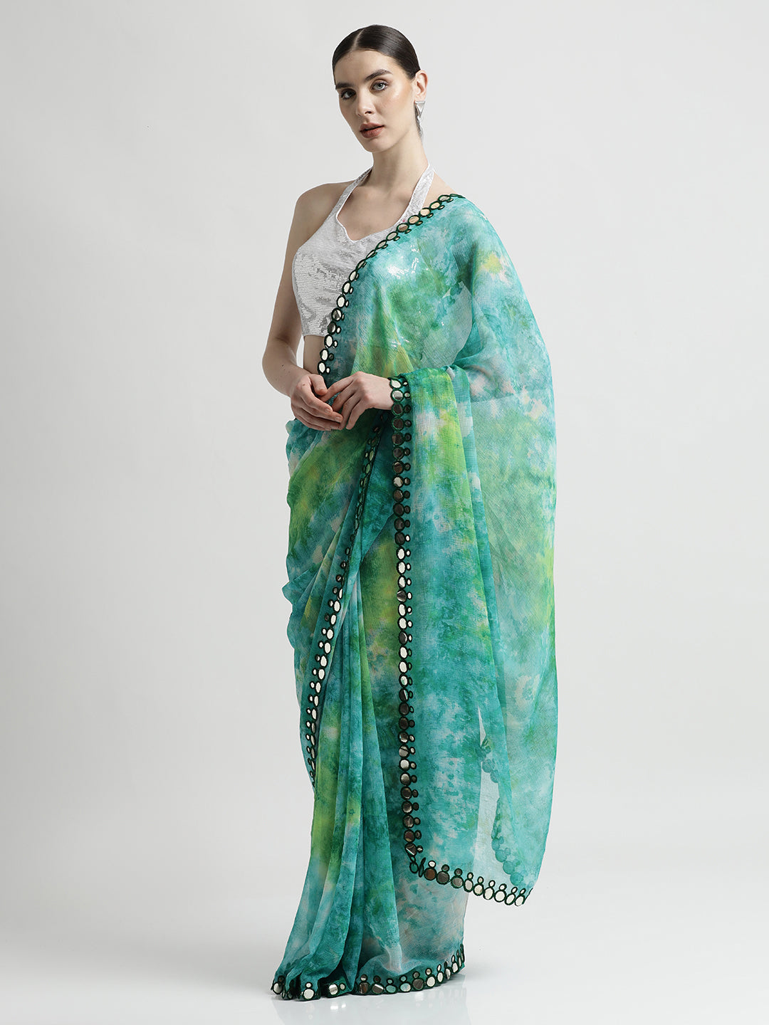 Pure Georgette Patola Mirror Green Tie-Dye Saree