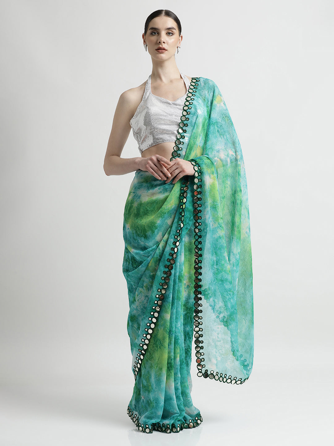 Pure Georgette Patola Mirror Green Tie-Dye Saree