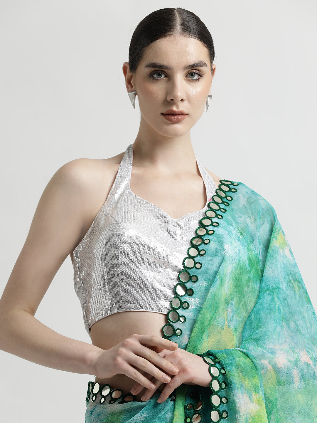 Pure Georgette Patola Mirror Green Tie-Dye Saree