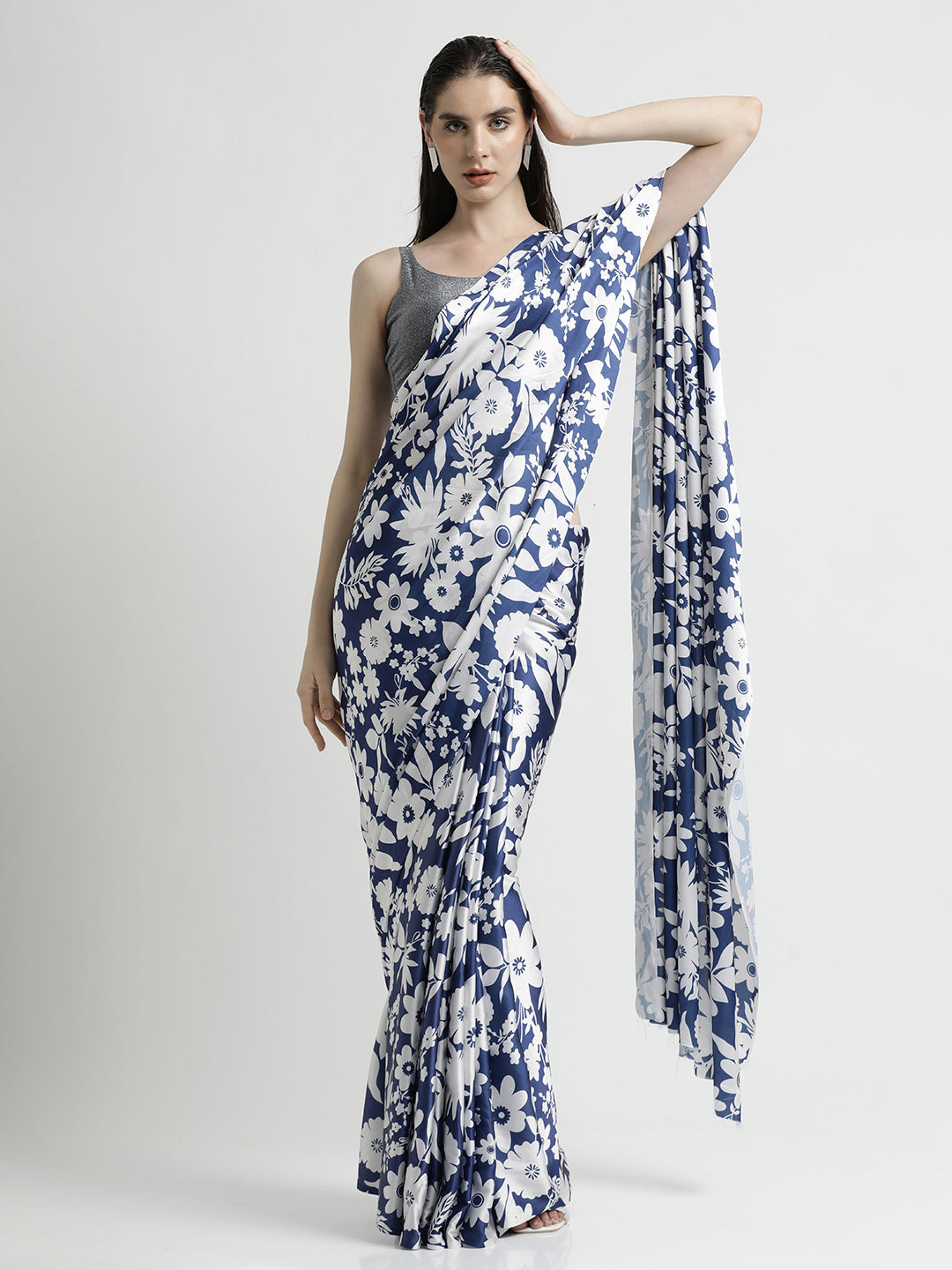 Blue Floral Printed Japan Silk Saree