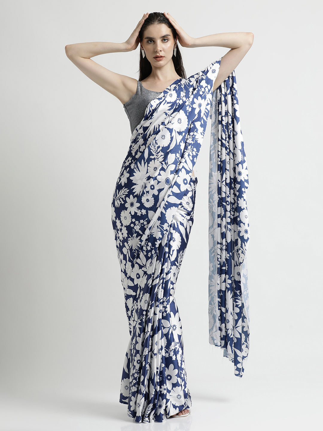 Blue Floral Printed Japan Silk Saree