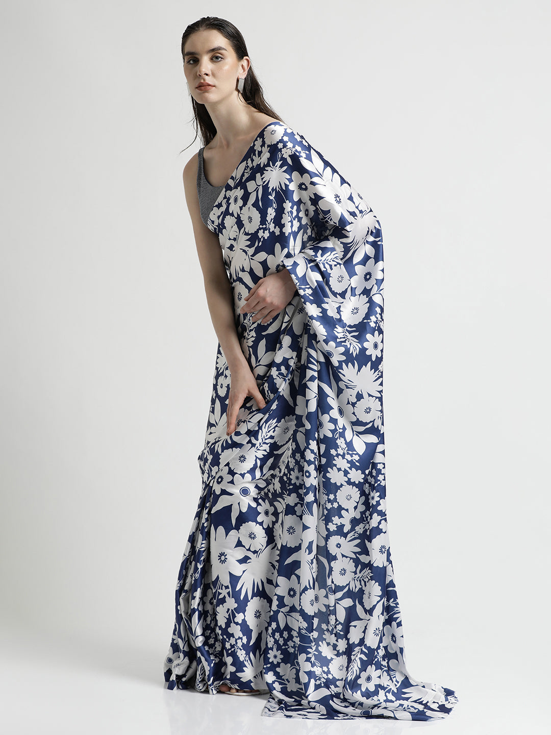 Blue Floral Printed Japan Silk Saree