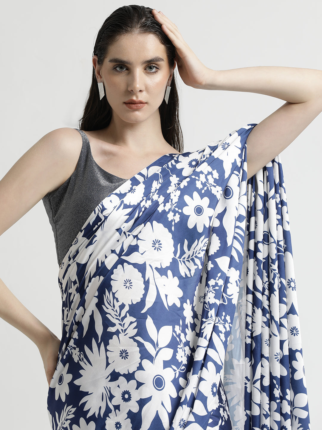 Blue Floral Printed Japan Silk Saree