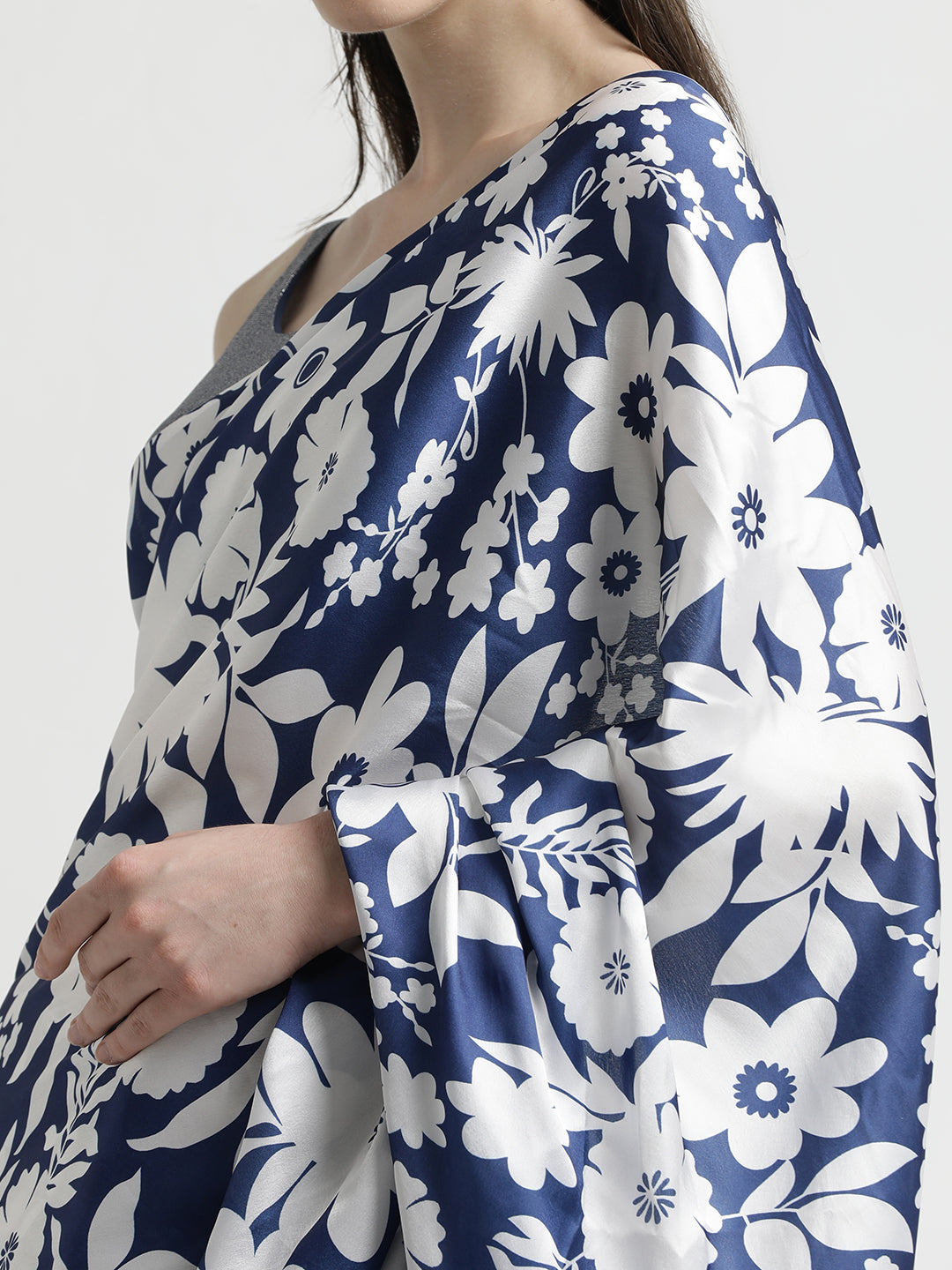 Blue Floral Printed Japan Silk Saree