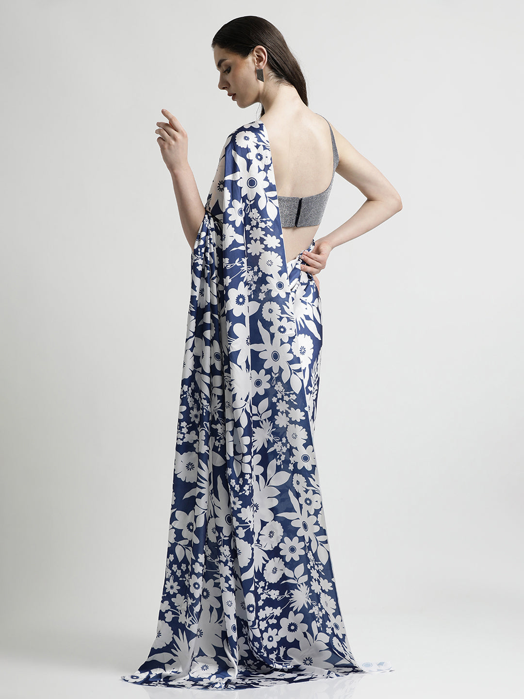 Blue Floral Printed Japan Silk Saree