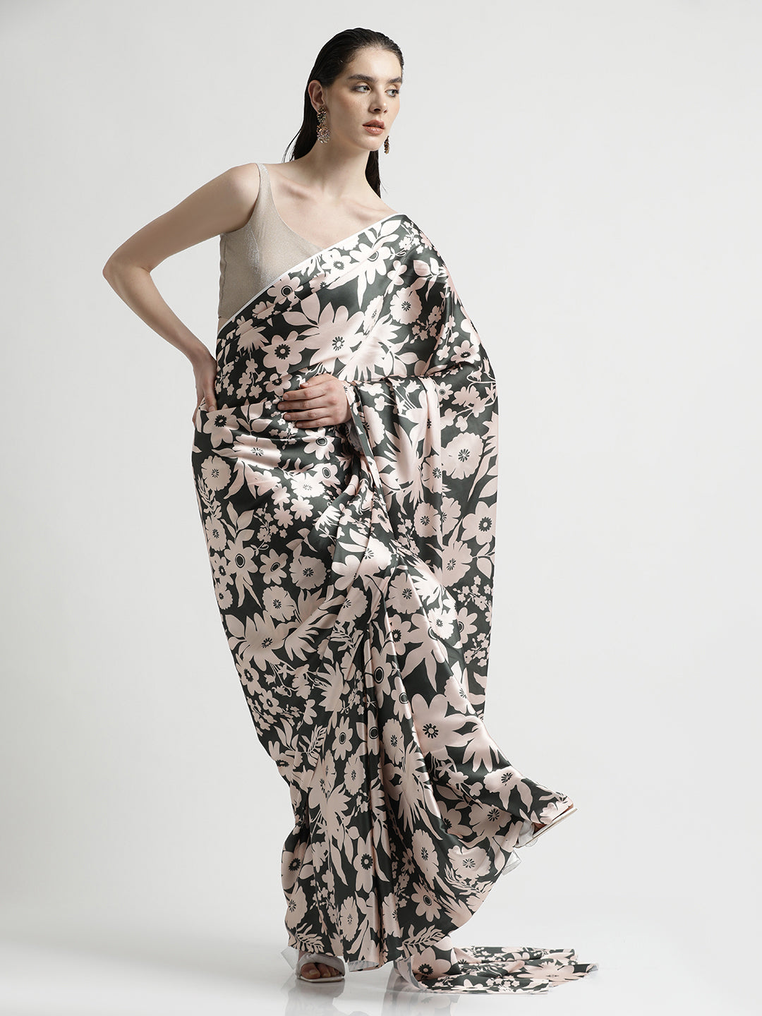 Olive Floral Printed Japan Silk Saree