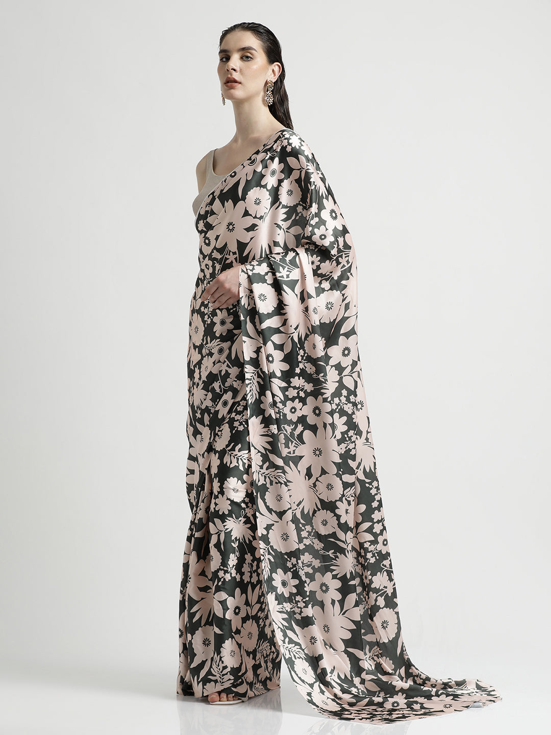 Olive Floral Printed Japan Silk Saree