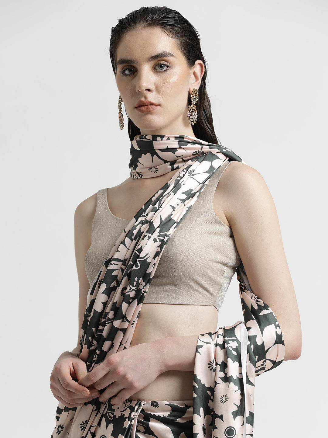 Olive Floral Printed Japan Silk Saree